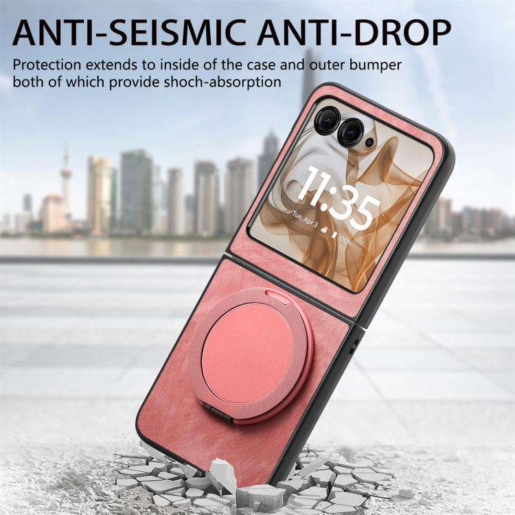 For Motorola Moto Razr 50 Retro Leather Rotation Round Holder Phone Case(Pink)