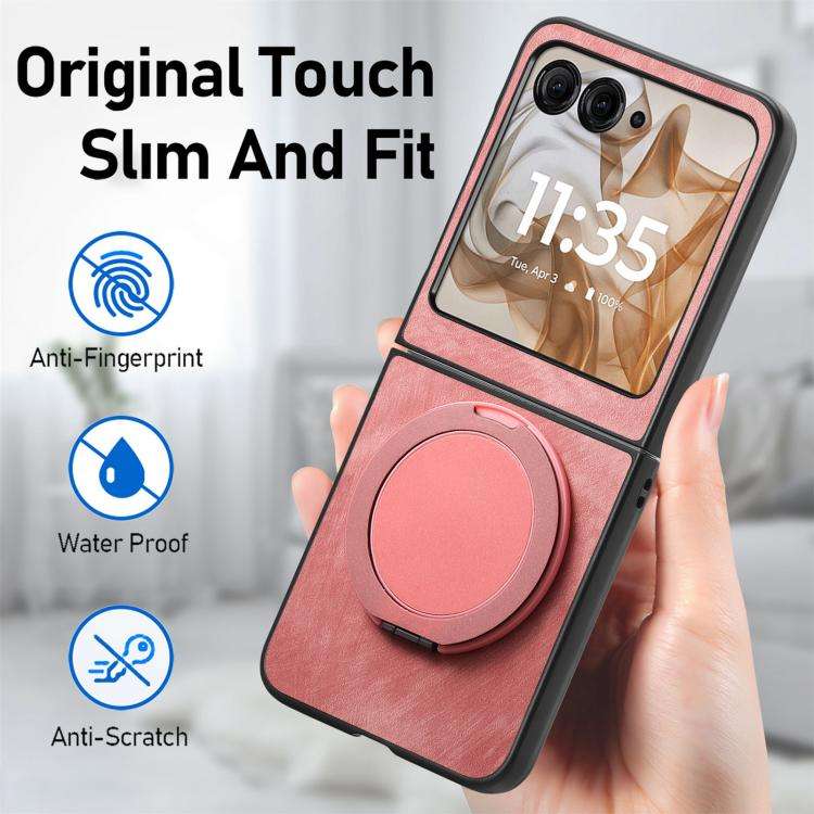 For Motorola Moto Razr 50 Retro Leather Rotation Round Holder Phone Case(Pink)