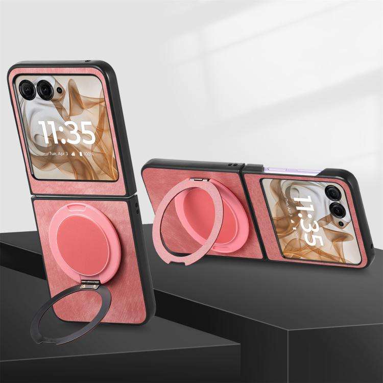 For Motorola Moto Razr 50 Retro Leather Rotation Round Holder Phone Case(Pink)