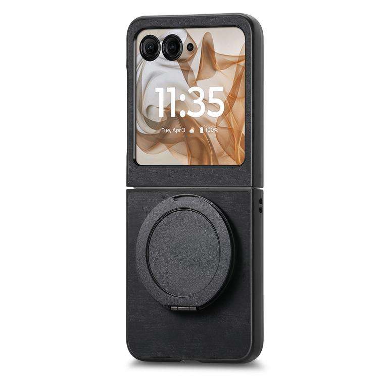For Motorola Moto Razr 50 Retro Leather Rotation Round Holder Phone Case(Black)