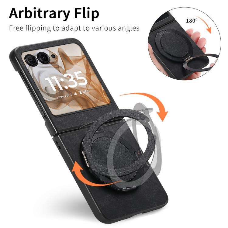 For Motorola Moto Razr 50 Retro Leather Rotation Round Holder Phone Case(Black)