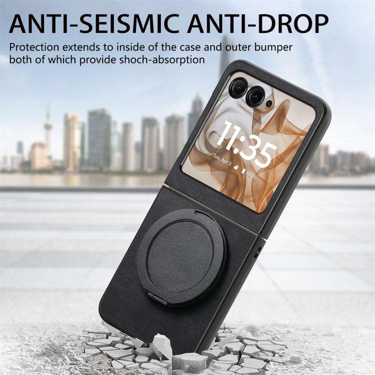 For Motorola Moto Razr 50 Retro Leather Rotation Round Holder Phone Case(Black)