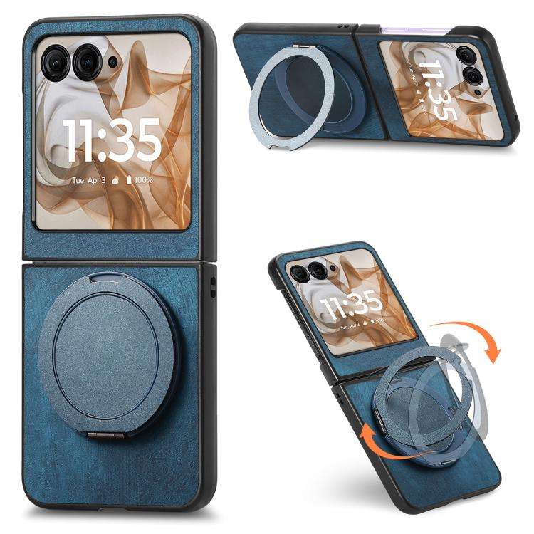 For Motorola Moto Razr 50 Retro Leather Rotation Round Holder Phone Case(Blue)