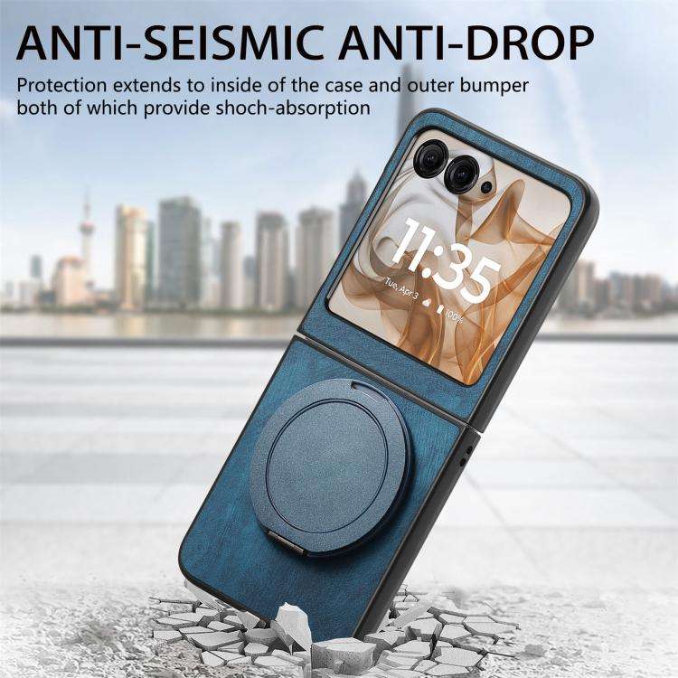 For Motorola Moto Razr 50 Retro Leather Rotation Round Holder Phone Case(Blue)