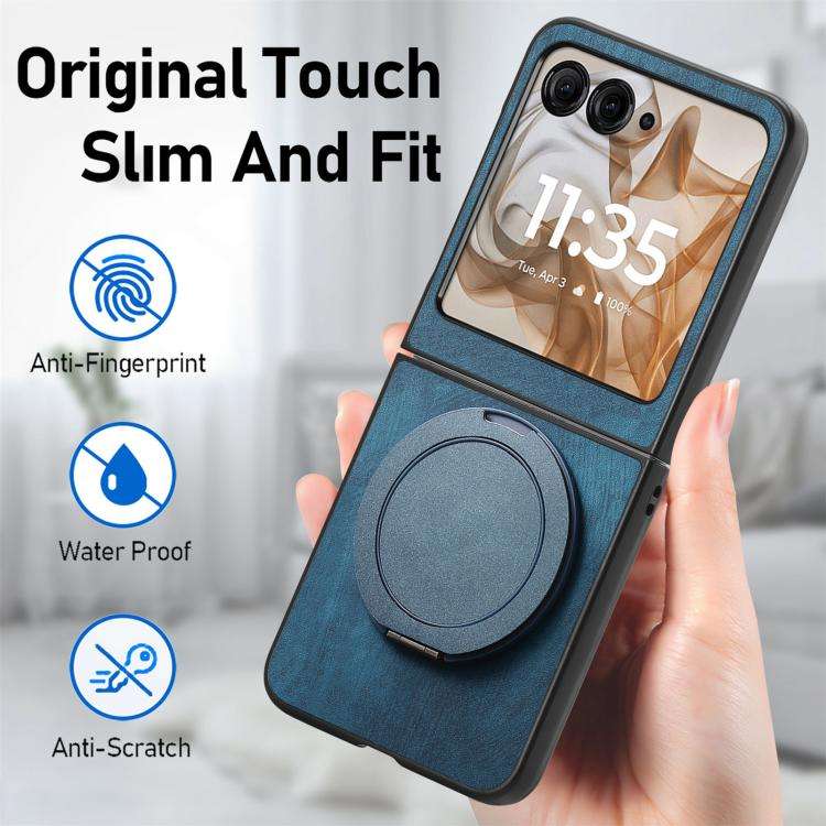 For Motorola Moto Razr 50 Retro Leather Rotation Round Holder Phone Case(Blue)