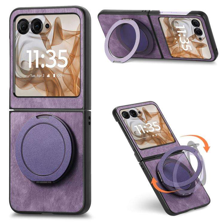 For Motorola Moto Razr 50 Retro Leather Rotation Round Holder Phone Case(Purple)