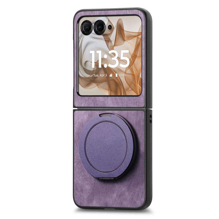 For Motorola Moto Razr 50 Retro Leather Rotation Round Holder Phone Case(Purple)