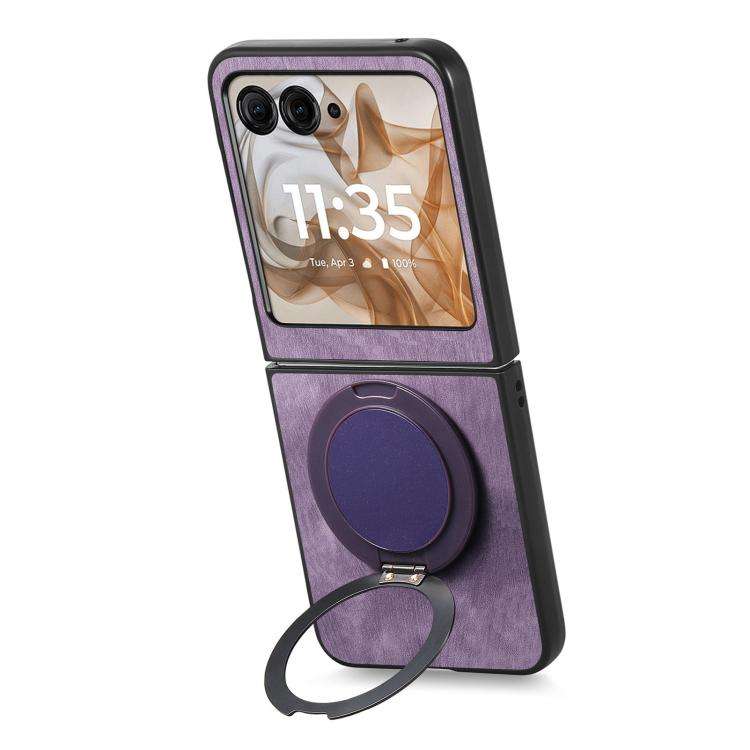 For Motorola Moto Razr 50 Retro Leather Rotation Round Holder Phone Case(Purple)