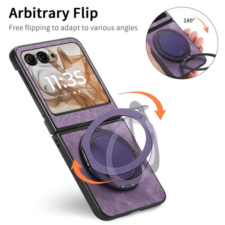 For Motorola Moto Razr 50 Retro Leather Rotation Round Holder Phone Case(Purple)