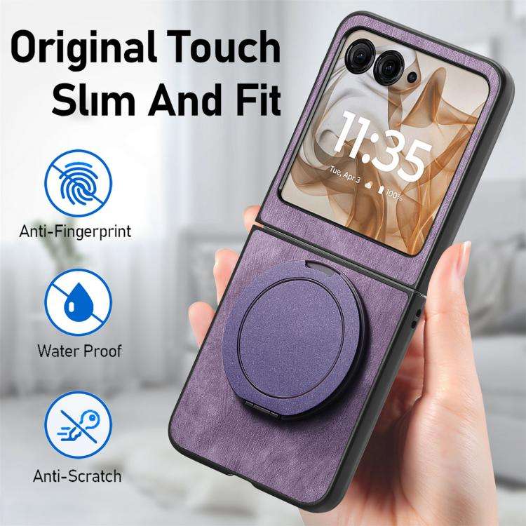 For Motorola Moto Razr 50 Retro Leather Rotation Round Holder Phone Case(Purple)