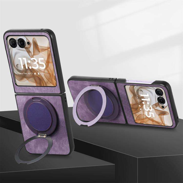 For Motorola Moto Razr 50 Retro Leather Rotation Round Holder Phone Case(Purple)