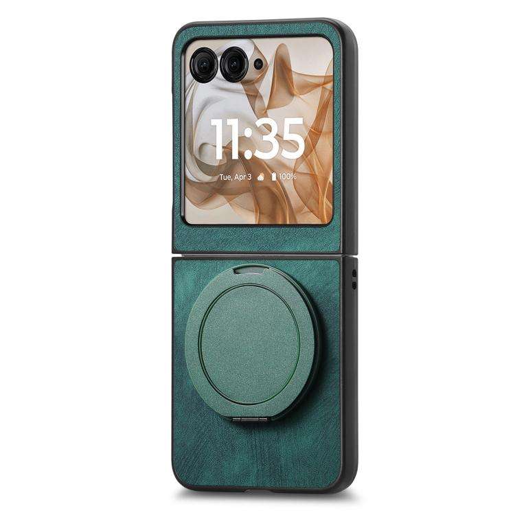 For Motorola Moto Razr 50 Retro Leather Rotation Round Holder Phone Case(Green)