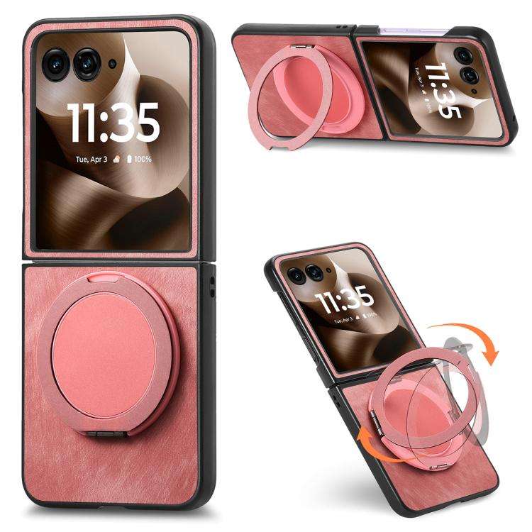 For Motorola Moto Razr 50 Ultra Retro Leather Rotation Round Holder Phone Case(Pink)