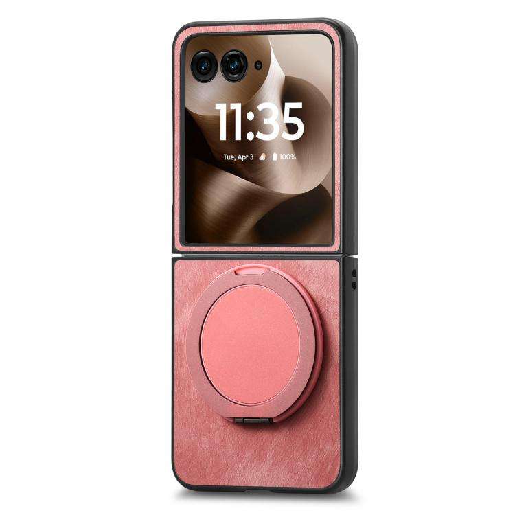 For Motorola Moto Razr 50 Ultra Retro Leather Rotation Round Holder Phone Case(Pink)