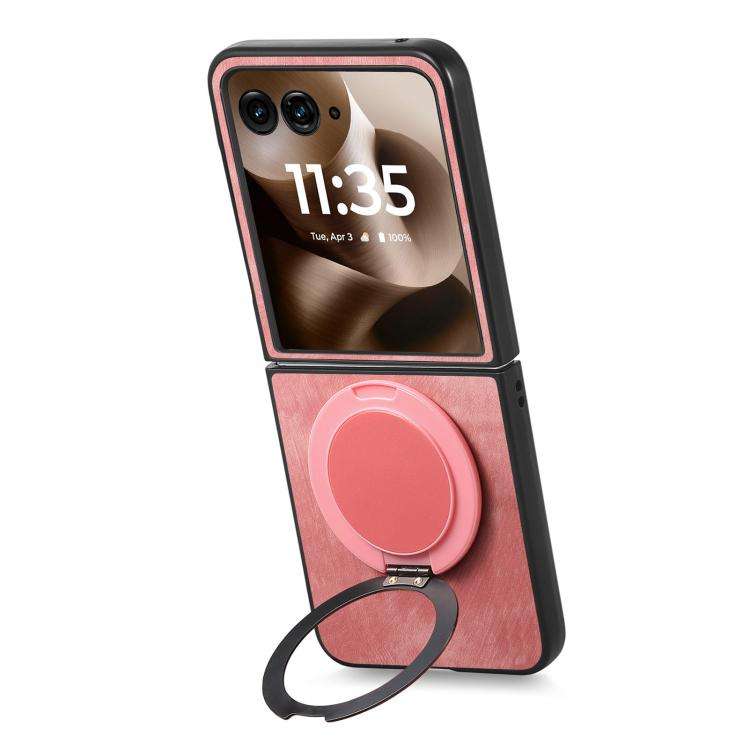 For Motorola Moto Razr 50 Ultra Retro Leather Rotation Round Holder Phone Case(Pink)