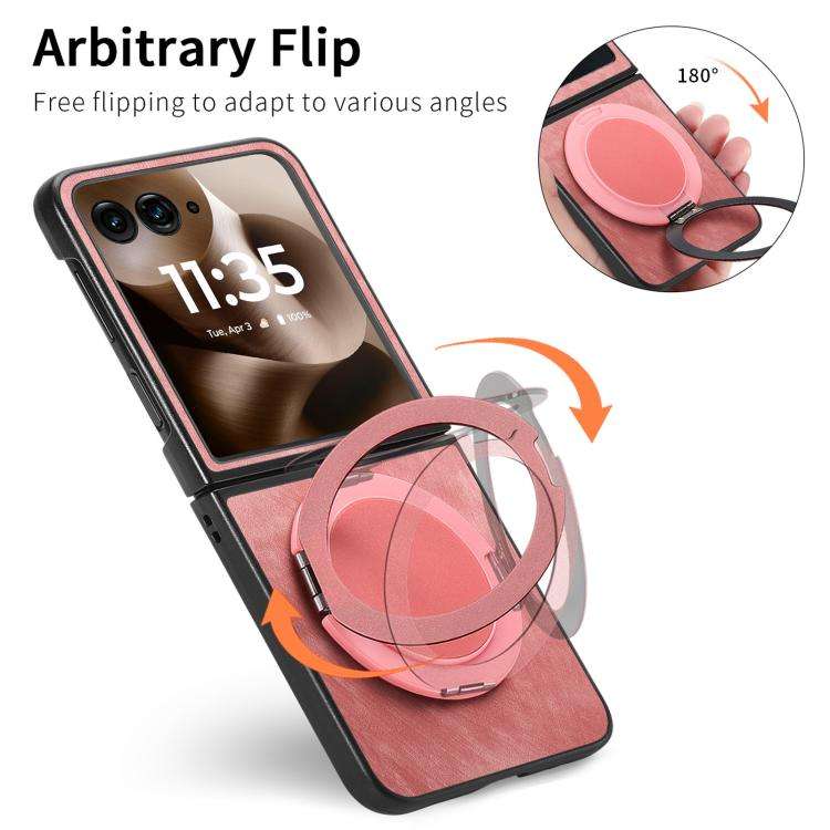 For Motorola Moto Razr 50 Ultra Retro Leather Rotation Round Holder Phone Case(Pink)