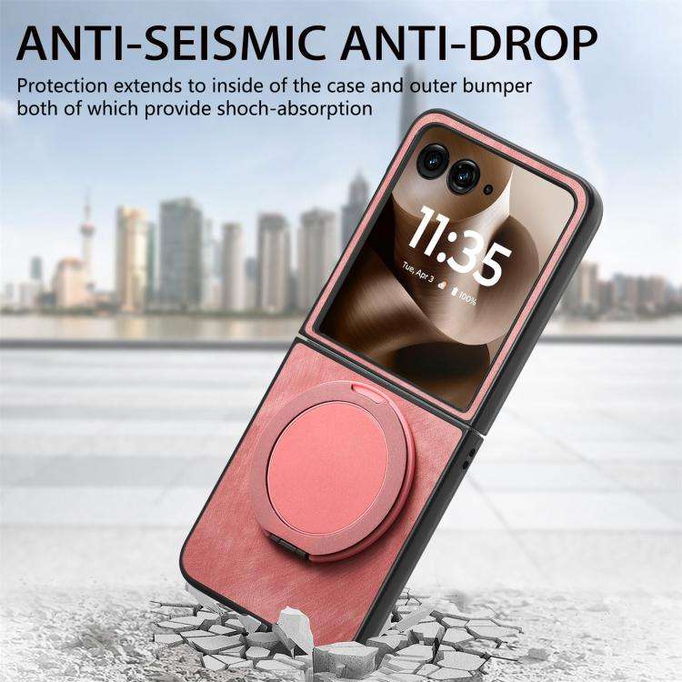 For Motorola Moto Razr 50 Ultra Retro Leather Rotation Round Holder Phone Case(Pink)