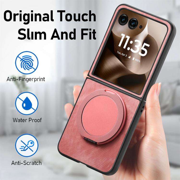 For Motorola Moto Razr 50 Ultra Retro Leather Rotation Round Holder Phone Case(Pink)