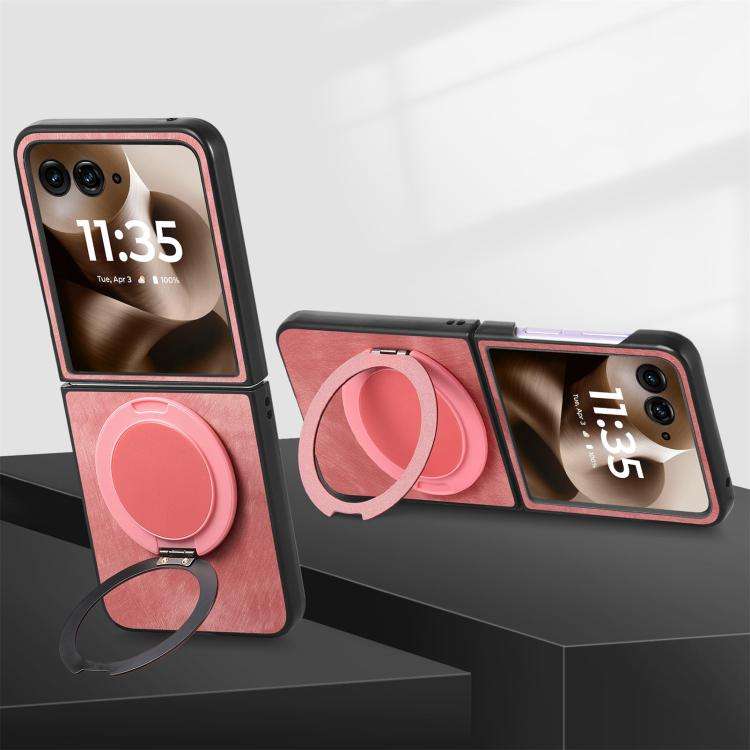For Motorola Moto Razr 50 Ultra Retro Leather Rotation Round Holder Phone Case(Pink)