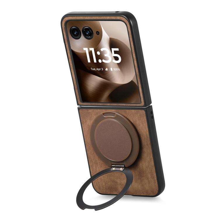 For Motorola Moto Razr 50 Ultra Retro Leather Rotation Round Holder Phone Case(Brown)