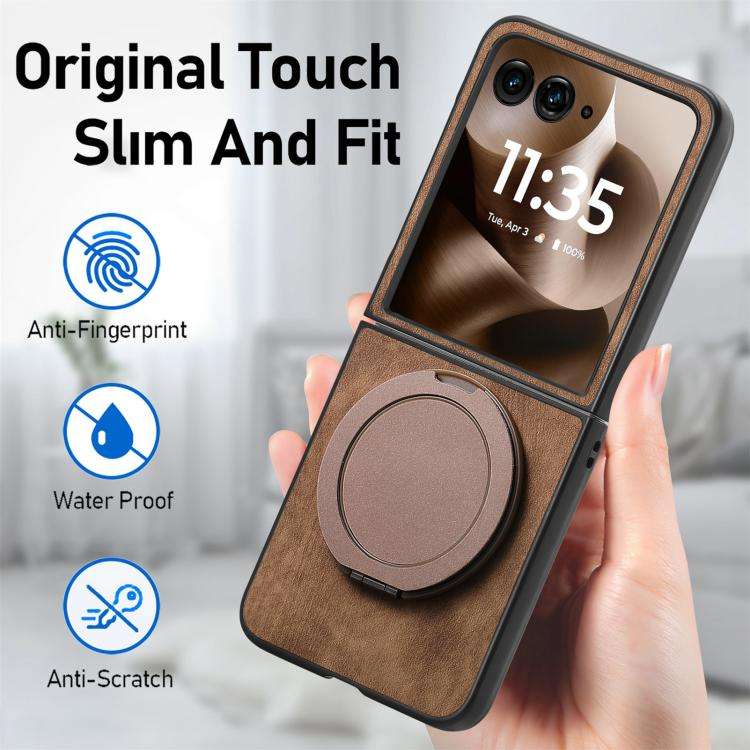 For Motorola Moto Razr 50 Ultra Retro Leather Rotation Round Holder Phone Case(Brown)