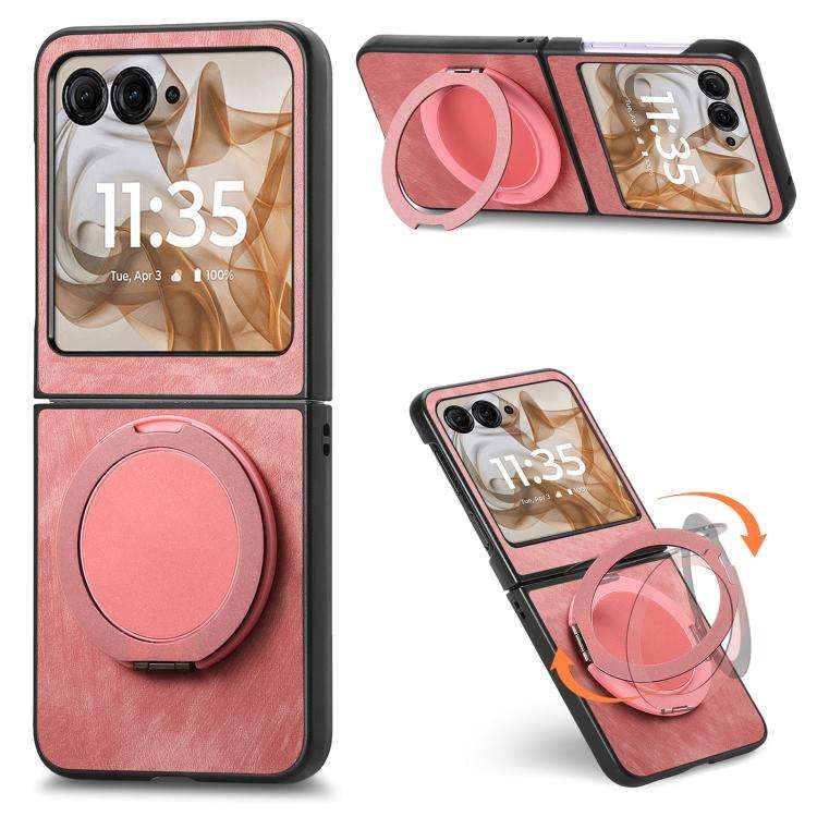 For Motorola Moto Razr 60 Retro Leather Rotation Round Holder Phone Case(Pink)