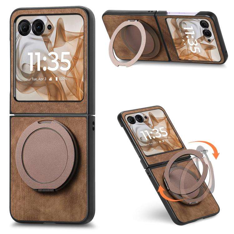 For Motorola Moto Razr 60 Retro Leather Rotation Round Holder Phone Case(Brown)