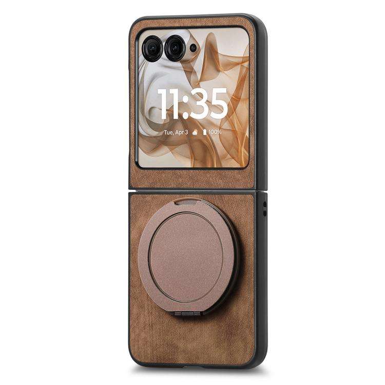 For Motorola Moto Razr 60 Retro Leather Rotation Round Holder Phone Case(Brown)