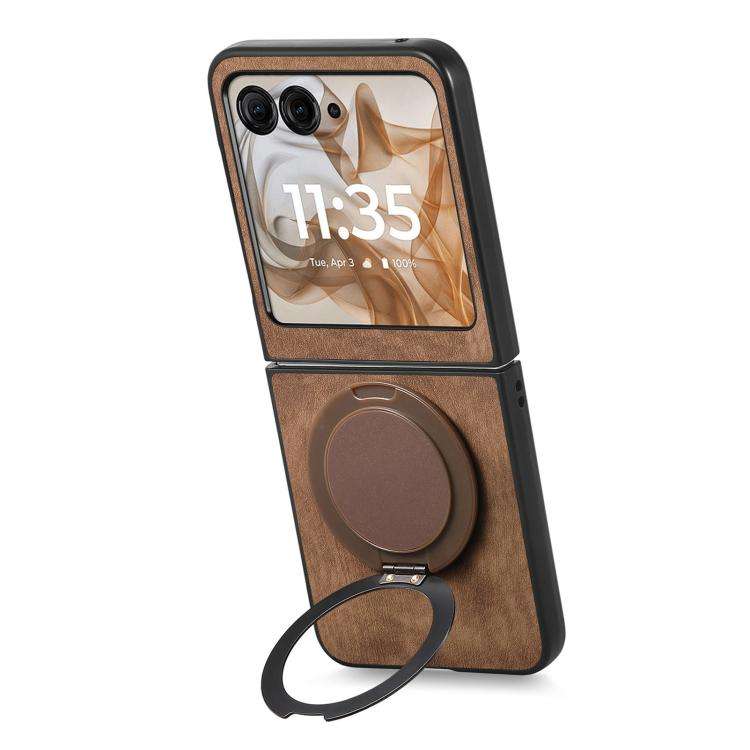 For Motorola Moto Razr 60 Retro Leather Rotation Round Holder Phone Case(Brown)