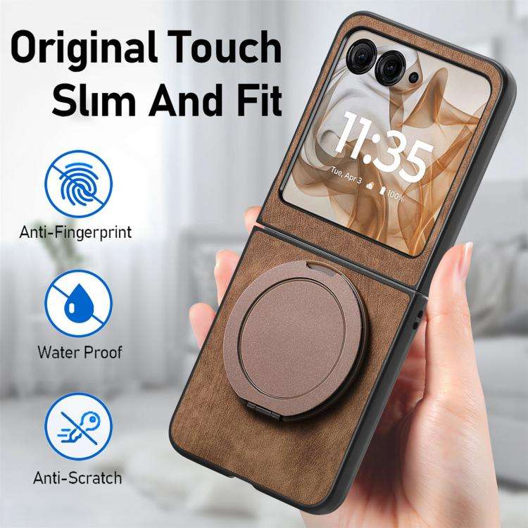 For Motorola Moto Razr 60 Retro Leather Rotation Round Holder Phone Case(Brown)