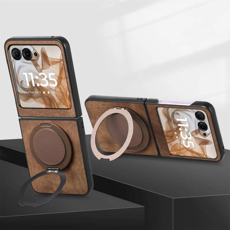 For Motorola Moto Razr 60 Retro Leather Rotation Round Holder Phone Case(Brown)