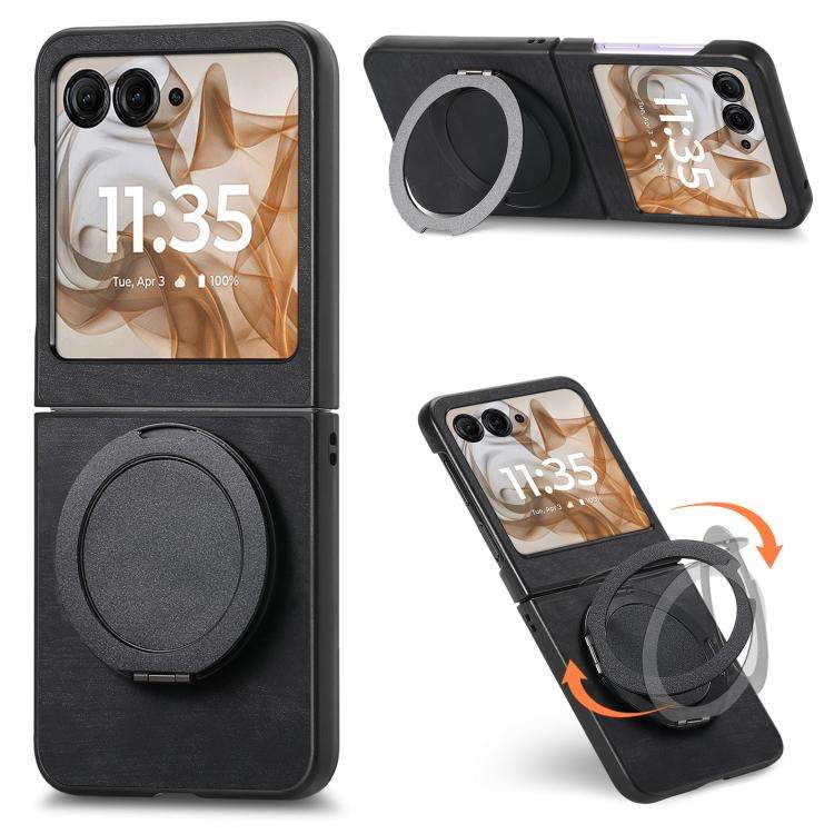For Motorola Moto Razr 60 Retro Leather Rotation Round Holder Phone Case(Black)