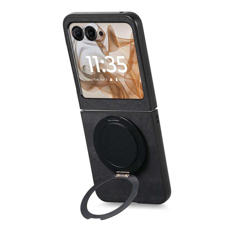 For Motorola Moto Razr 60 Retro Leather Rotation Round Holder Phone Case(Black)