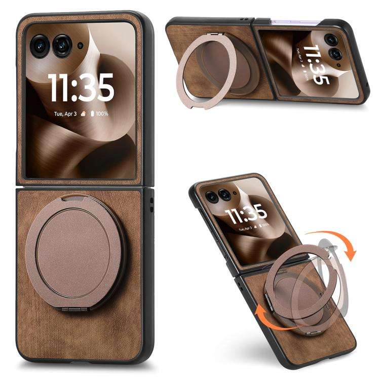 For Motorola Moto Razr 60 Ultra Retro Leather Rotation Round Holder Phone Case(Brown)
