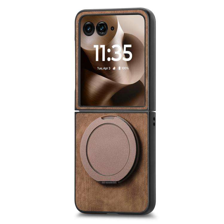 For Motorola Moto Razr 60 Ultra Retro Leather Rotation Round Holder Phone Case(Brown)