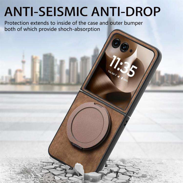 For Motorola Moto Razr 60 Ultra Retro Leather Rotation Round Holder Phone Case(Brown)