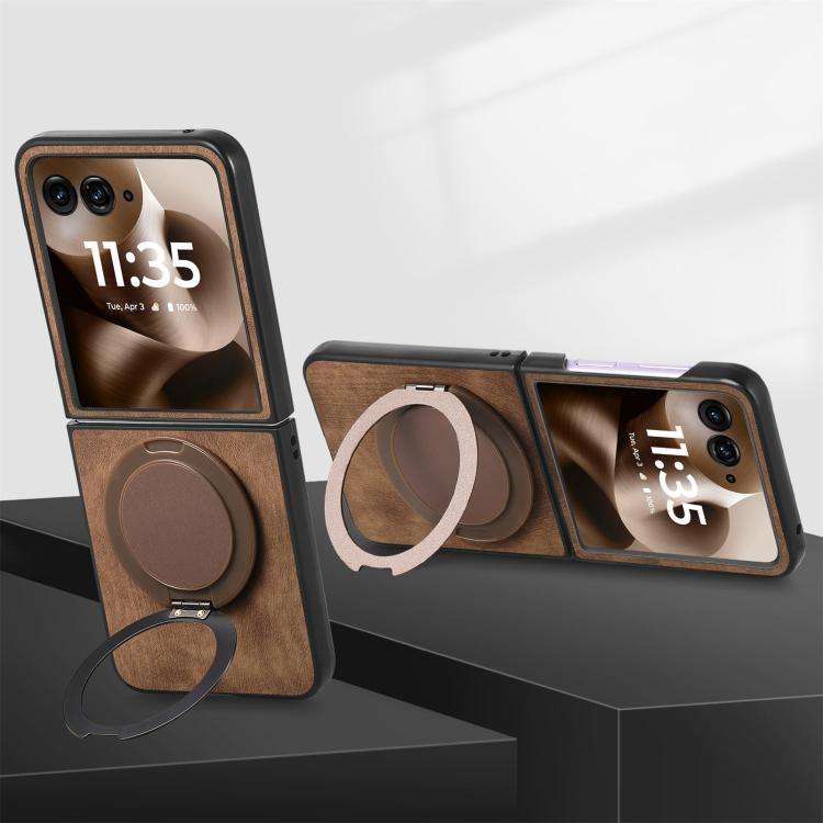 For Motorola Moto Razr 60 Ultra Retro Leather Rotation Round Holder Phone Case(Brown)