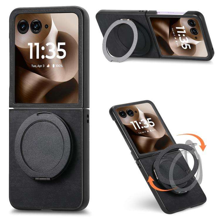For Motorola Moto Razr 60 Ultra Retro Leather Rotation Round Holder Phone Case(Black)