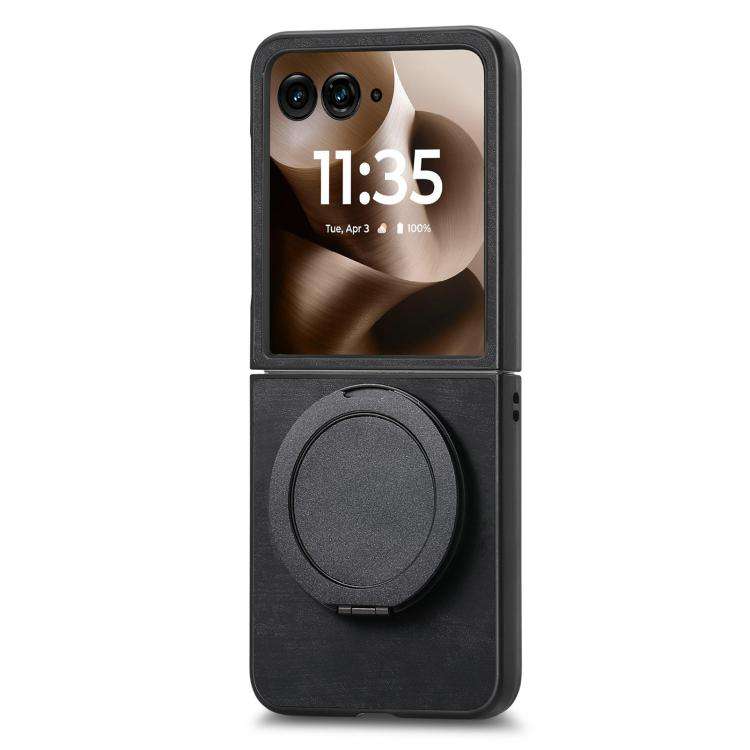 For Motorola Moto Razr 60 Ultra Retro Leather Rotation Round Holder Phone Case(Black)