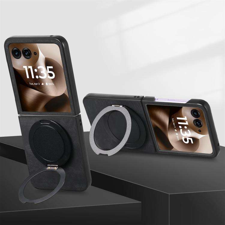 For Motorola Moto Razr 60 Ultra Retro Leather Rotation Round Holder Phone Case(Black)