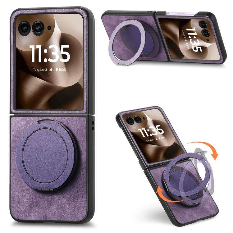 For Motorola Moto Razr 60 Ultra Retro Leather Rotation Round Holder Phone Case(Purple)