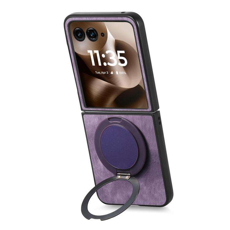 For Motorola Moto Razr 60 Ultra Retro Leather Rotation Round Holder Phone Case(Purple)