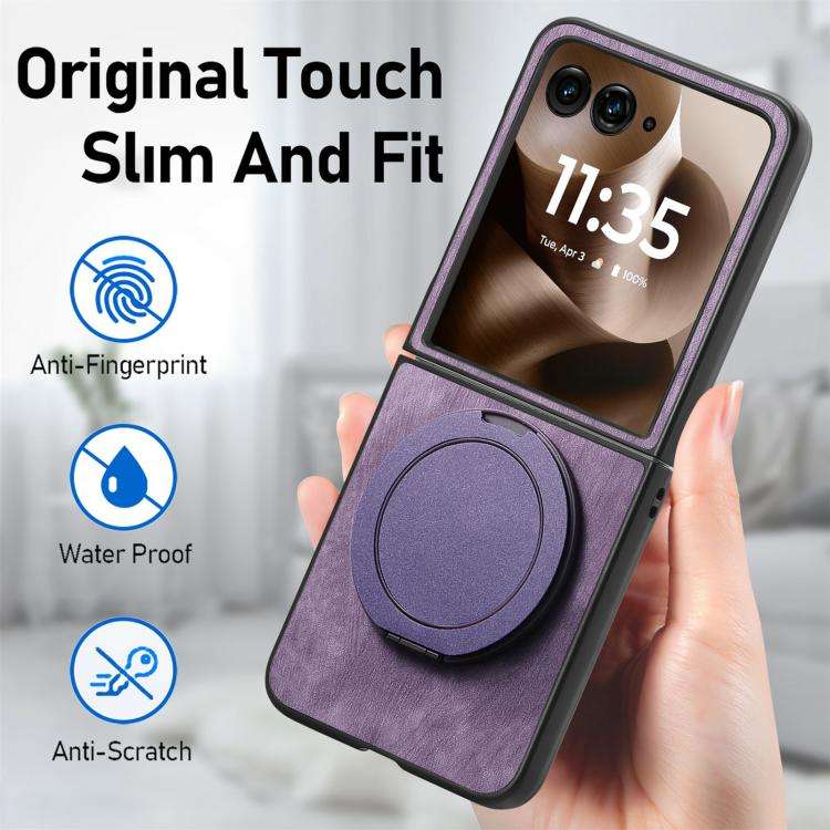 For Motorola Moto Razr 60 Ultra Retro Leather Rotation Round Holder Phone Case(Purple)