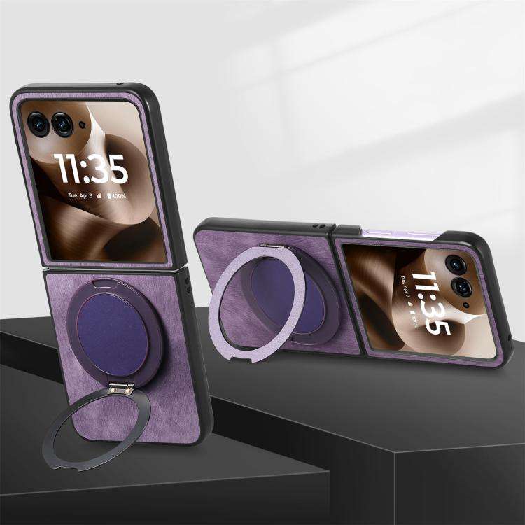 For Motorola Moto Razr 60 Ultra Retro Leather Rotation Round Holder Phone Case(Purple)