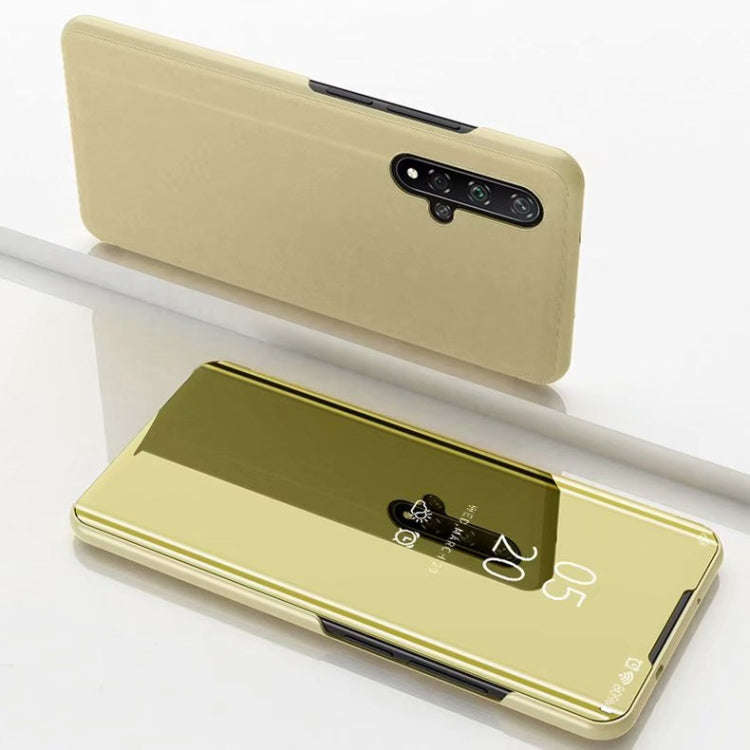 Electroplating Mirror Horizontal Flip Leather Case for Huawei Honor 20 with Holder(Gold)