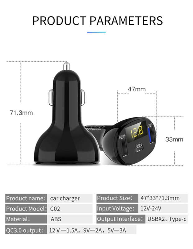 C02 Car Power Adapter in-car Phone Charger Type-C Fast Charger QC3.0 Dual USB Ports DC5V 2.4A 12V...