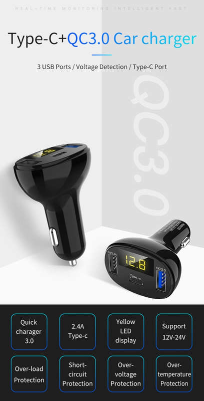 C02 Car Power Adapter in-car Phone Charger Type-C Fast Charger QC3.0 Dual USB Ports DC5V 2.4A 12V...