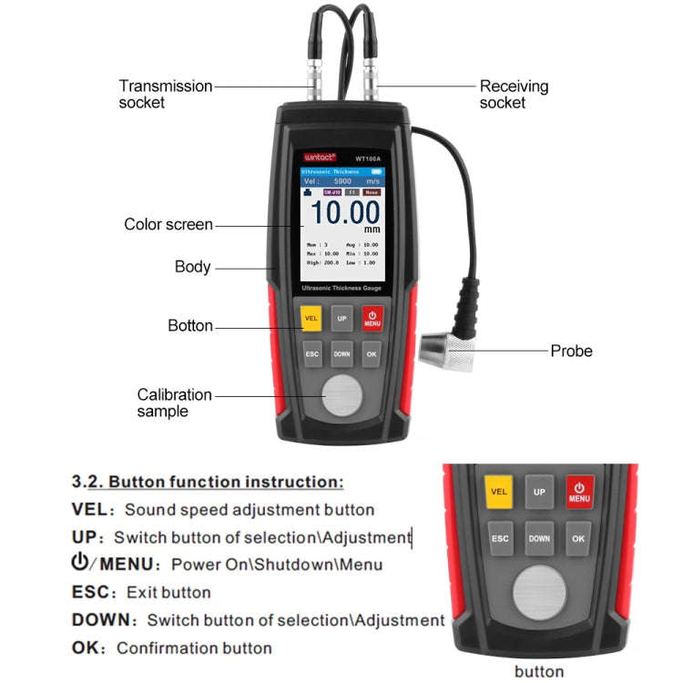Wintact WT100A Digital Ultrasonic Thickness Gauge Meter Tester USB Charging Digital Thickness Met...