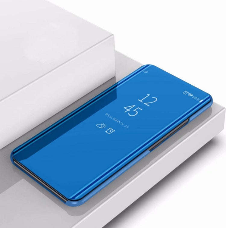 For Huawei Enjoy 10 Plus Plating Mirror Left and Right Flip Cover with Bracket Holster(Blue)