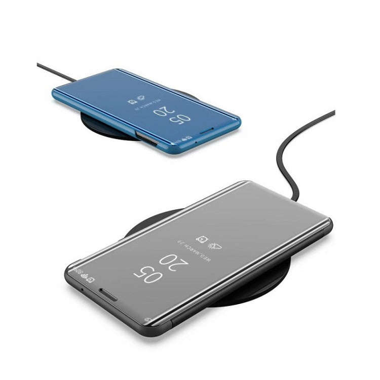 For Huawei Enjoy 10 Plus Plating Mirror Left and Right Flip Cover with Bracket Holster(Blue)